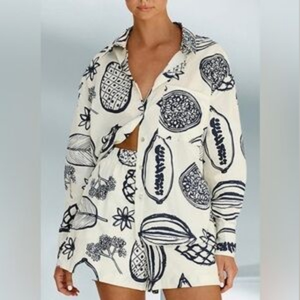 Navy White Multi Tropical Fruit Floral Shirt Plus Size XXL - Picture 3 of 14